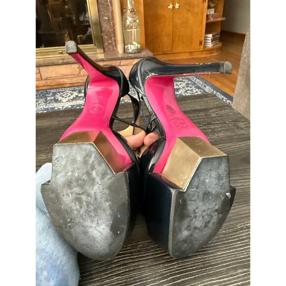 VERSACE Runway Sandals Black Patent Gold Platform Heel T-Strap Sz. 39 - Picture 7 of 9